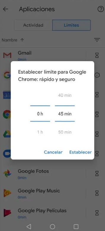 Imagen de la app de chrome selecionada y una rueda de tiempo para seleccionar cuanto se puede utilizar al día