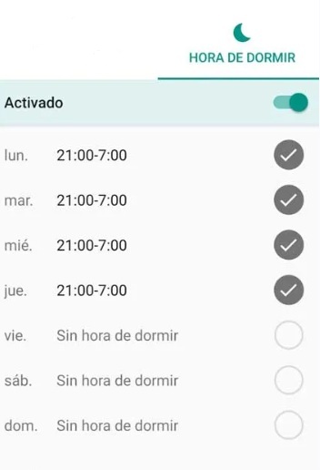 Imagen que muestra los días de la semana y un horario para establecer su uso
