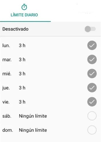 Muestra los días de la semana y unas horas para establecer las horas totales del día que se puede usar el móvil