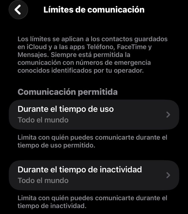 captura de pantalla de iphone donde se ve la opcion de configurar los limites de comunicacion