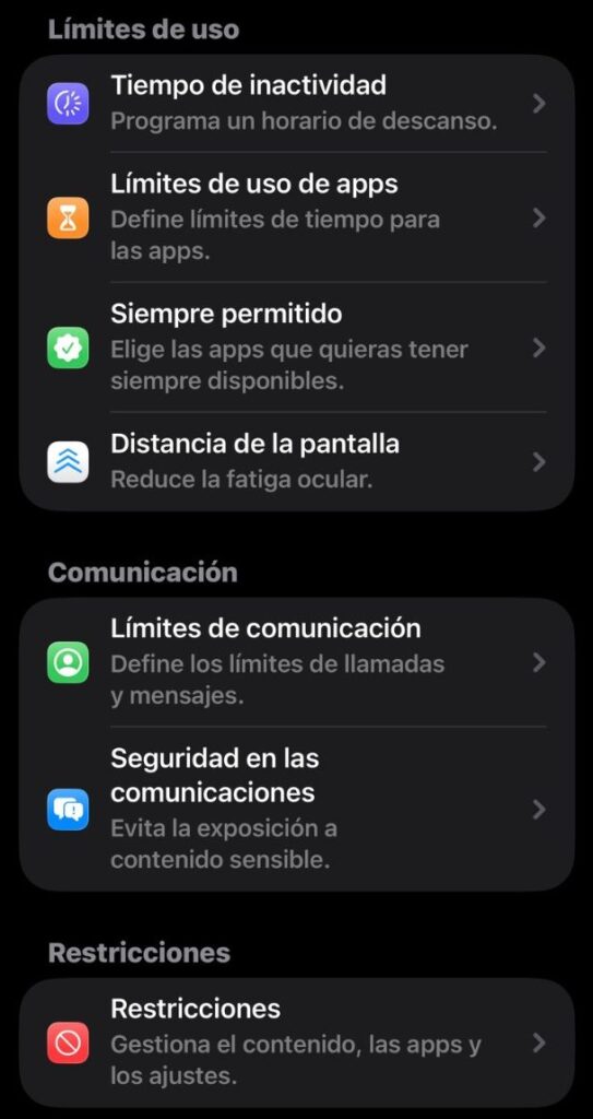 captura de pantall de iphone mostrando la opcion de configuracion de limite de uso de apps