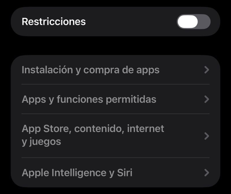 captura de iphone donde se ven las opciones de las restricciones disponibles