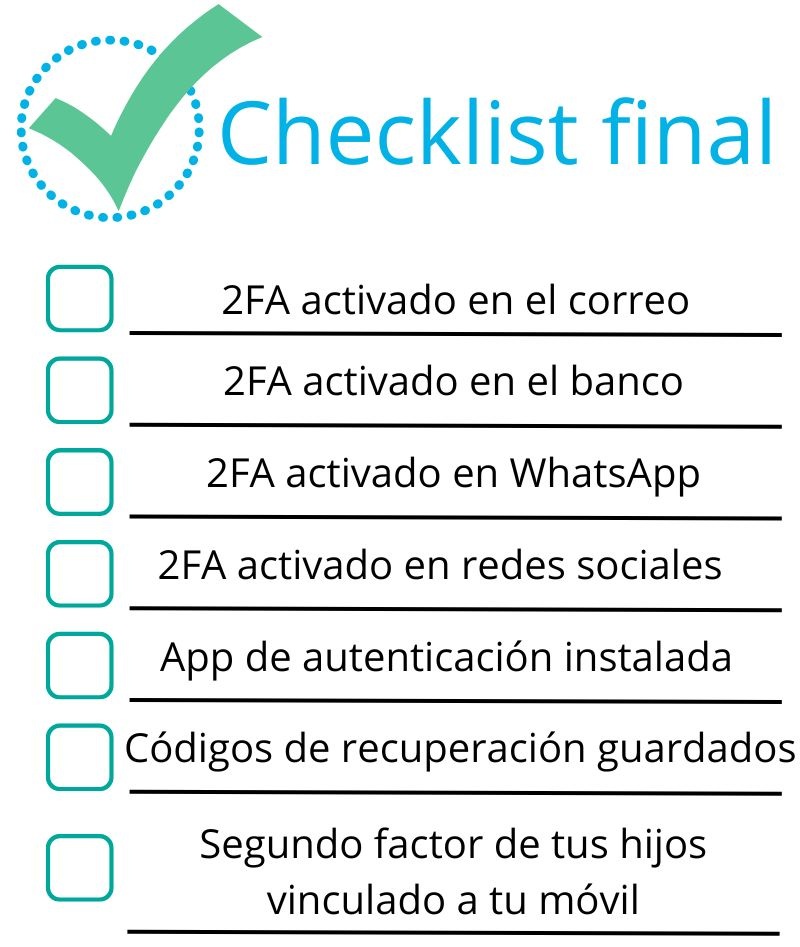 Checklist final sobre 2FA:
2FA activado en el correo,
2FA activado en el banco,
2FA activado en WhatsApp,
2FA activado en redes sociales,
App de autenticación instalada,
Códigos de recuperación ,guardados,
Segundo factor de tus hijos vinculado a tu móvil
