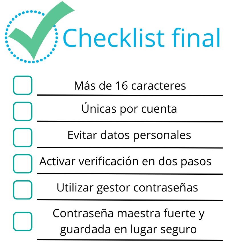 Checklist final crear contraseñas seguras:
Más de 16 caracteres,
Únicas por cuenta,
Evitar datos personales,
Activar verificación en dos pasos,
Utilizar gestor contraseñas,
Contraseña maestra fuerte y guardada en lugar seguro
