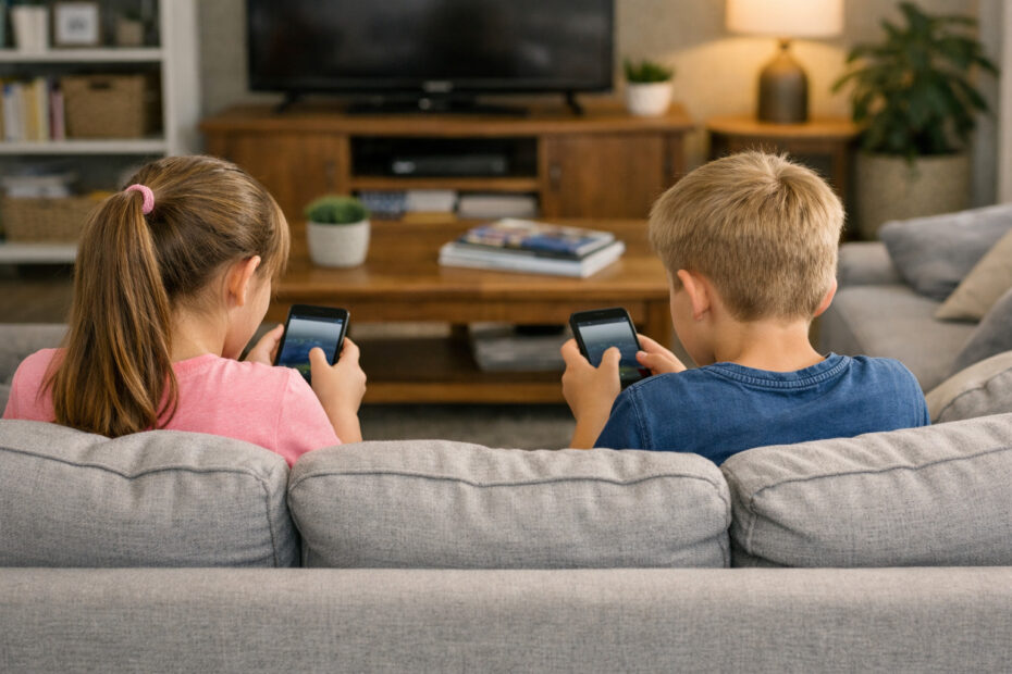 dos niños utilizando sus moviles en un sofa de espaldas