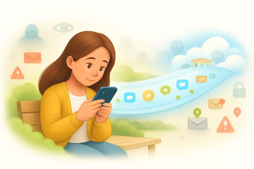 Ilustración de una persona utilizando su movil y sus datos viajando por un tunel privado a su destino. Explicación visual de una VPN.