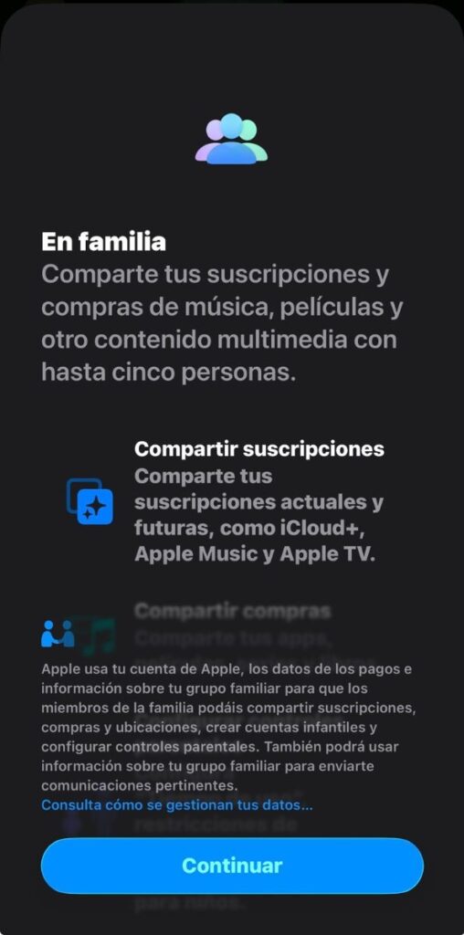 Captura pantalla de iphone mostrando la opción "en familia"