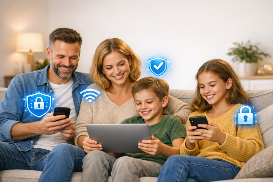 Familia utilizando dispositivos electrónicos