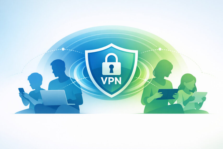 silueta de personas utilizando sus dispositivos electronicos debajo de un escudo donde dentro se puede leer VPN. Muestra la protección que da la VPN